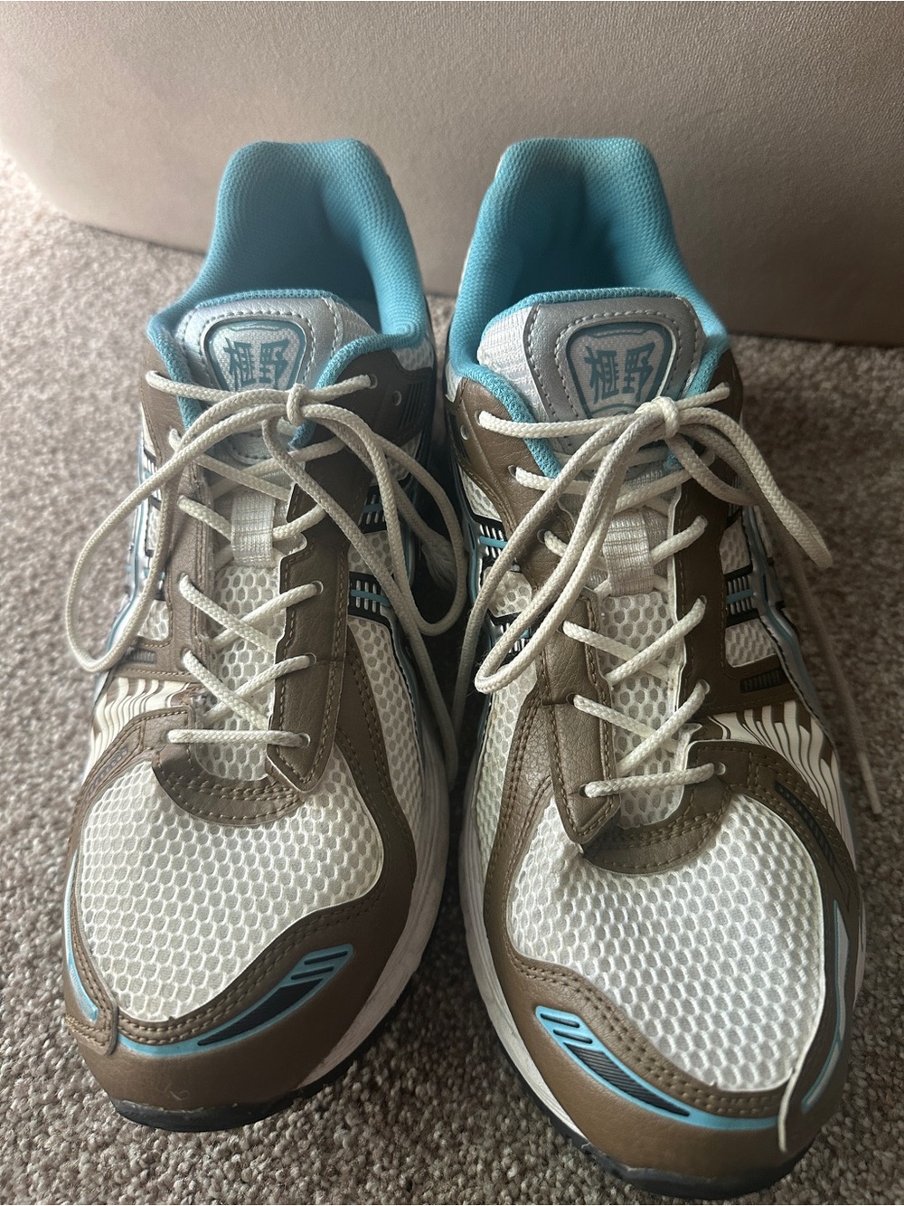 Asics GEL-KAYANO 12.1 White Brown Athletic Sneakers with Light Blue Lining